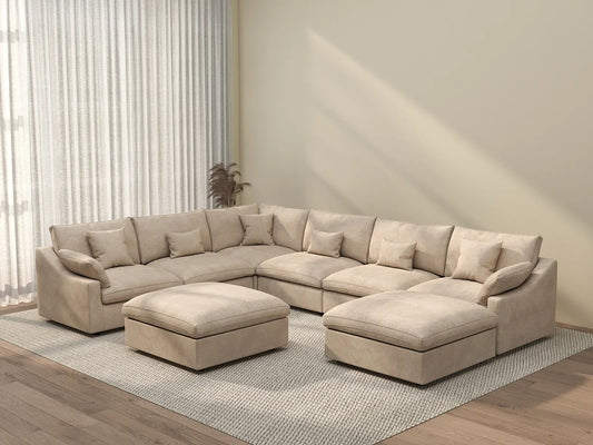 Deluxe Cloud 6-Seater Khaki Open Space Pit Sectional | 8-Piece (Includes 2 Ottomans), Chenille And Linen Fabric, Easy To Clean