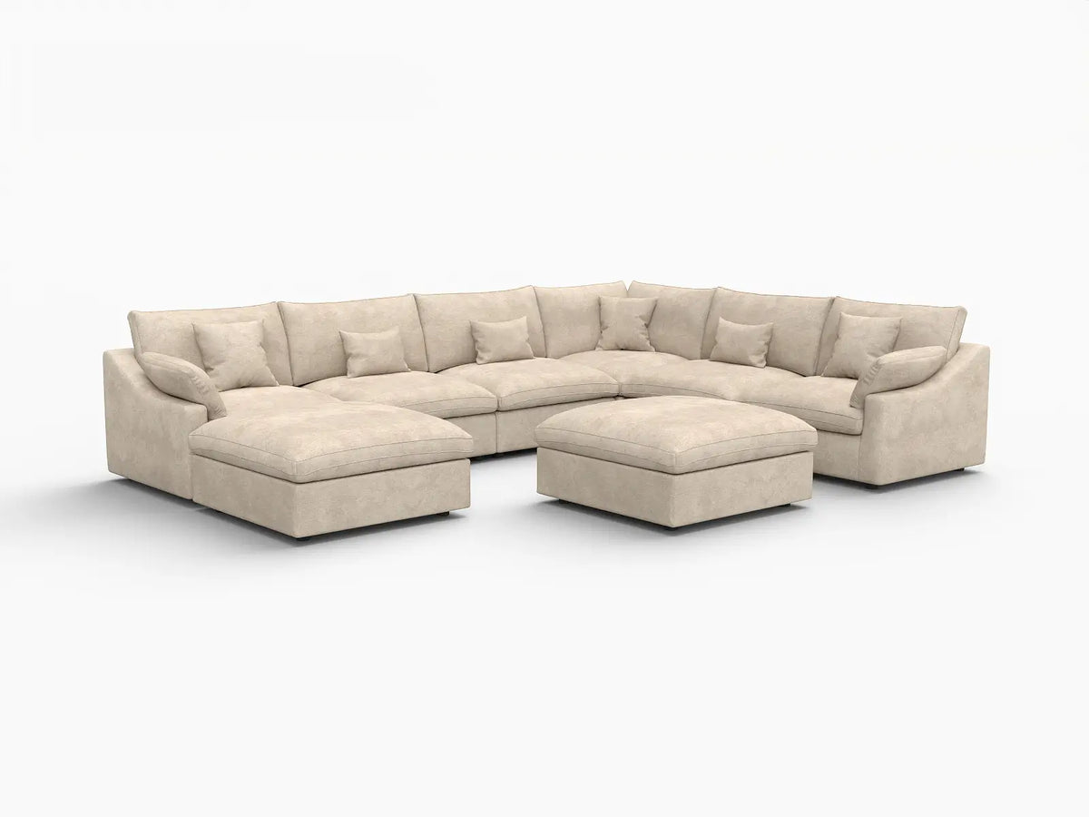 Deluxe Cloud 6-Seater Khaki Open Space Pit Sectional | 8-Piece (Includes 2 Ottomans), Chenille And Linen Fabric, Easy To Clean