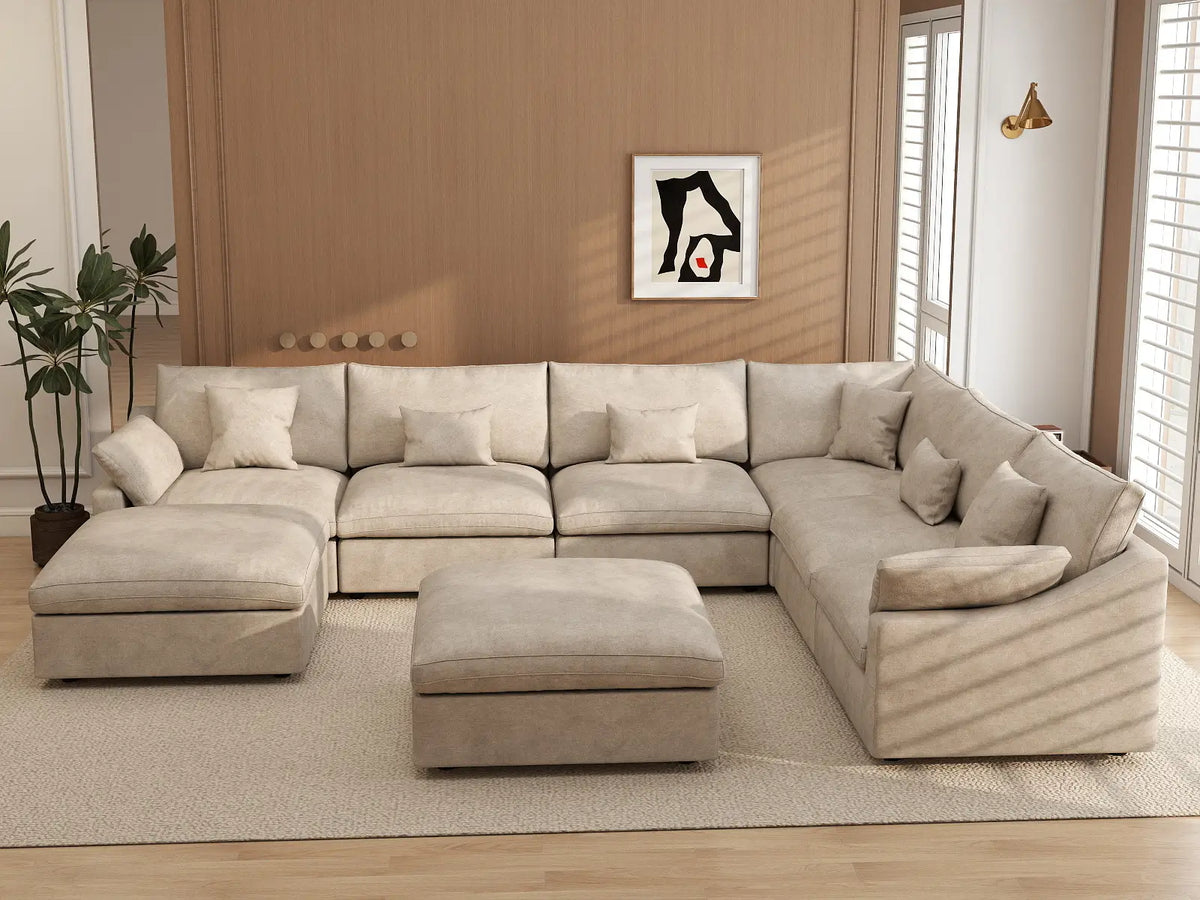Deluxe Cloud 6-Seater Khaki Open Space Pit Sectional | 8-Piece (Includes 2 Ottomans), Chenille And Linen Fabric, Easy To Clean