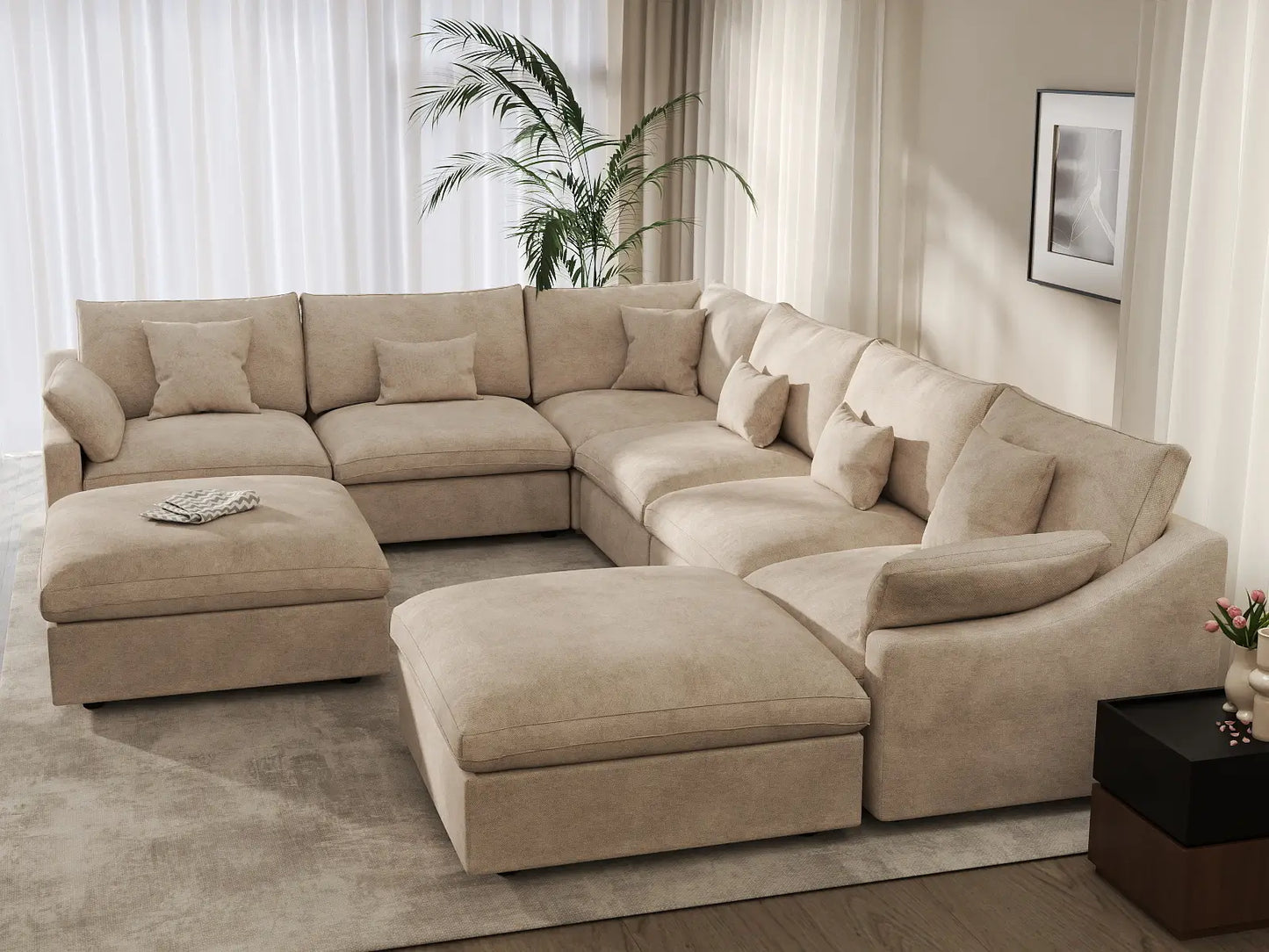 Deluxe Cloud 6-Seater Khaki Open Space Pit Sectional | 8-Piece (Includes 2 Ottomans), Chenille And Linen Fabric, Easy To Clean