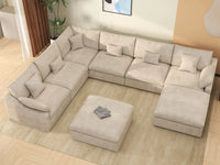 Deluxe Cloud 6-Seater Khaki Open Space Pit Sectional | 8-Piece (Includes 2 Ottomans), Chenille And Linen Fabric, Easy To Clean