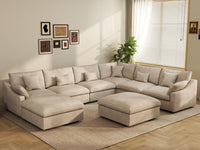 Deluxe Cloud 6-Seater Khaki Open Space Pit Sectional | 8-Piece (Includes 2 Ottomans), Chenille And Linen Fabric, Easy To Clean