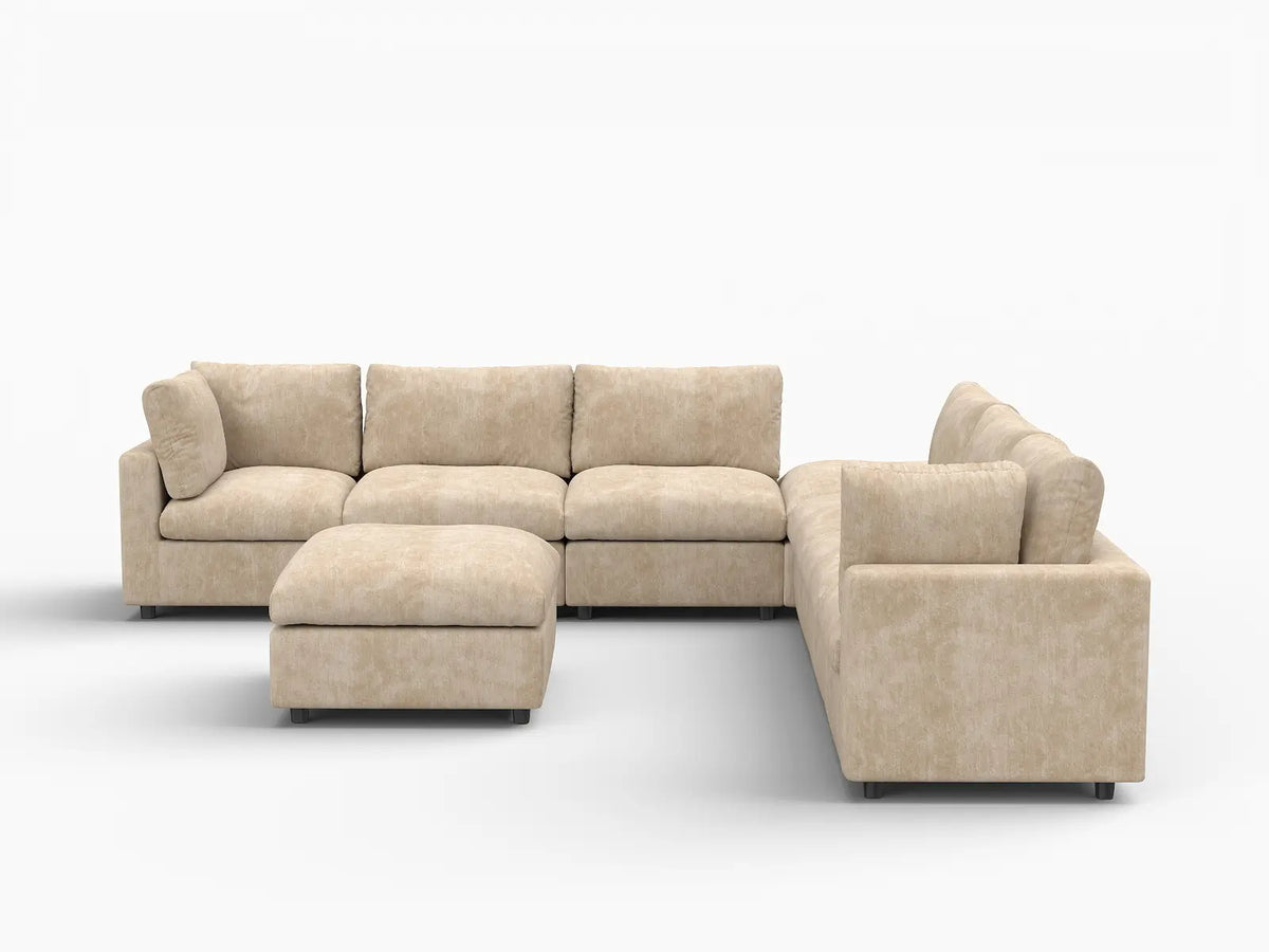 Deluxe Cloud 6-Seater Khaki Open Space Sofa Set | 8-Piece (Includes 2 Ottomans), Linen-Blend Chenille Fabric, Easy To Clean