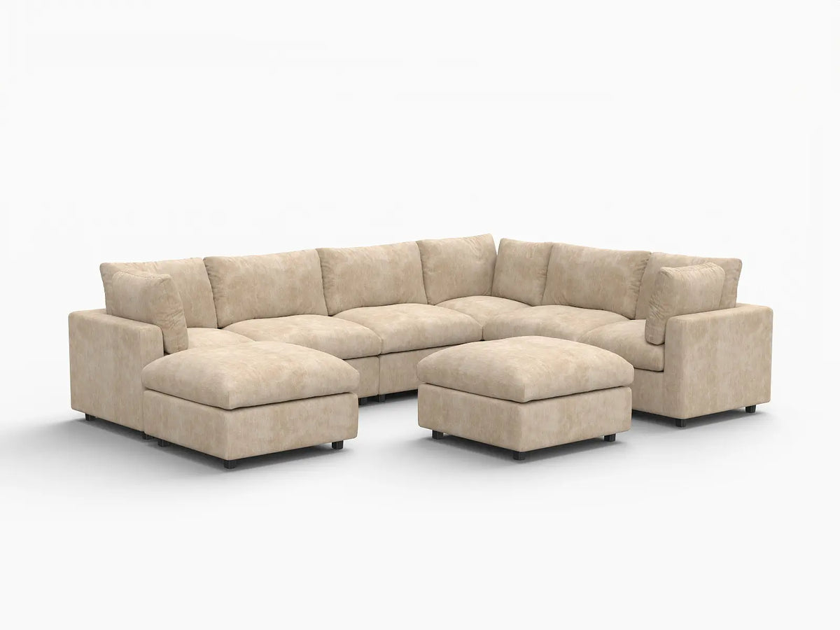 Deluxe Cloud 6-Seater Khaki Open Space Sofa Set | 8-Piece (Includes 2 Ottomans), Linen-Blend Chenille Fabric, Easy To Clean