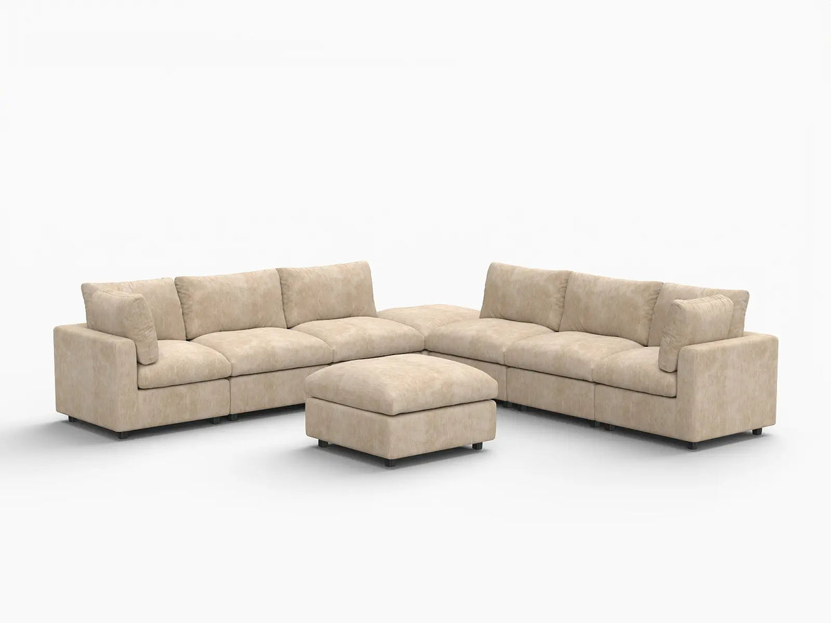 Deluxe Cloud 6-Seater Khaki Open Space Sofa Set | 8-Piece (Includes 2 Ottomans), Linen-Blend Chenille Fabric, Easy To Clean