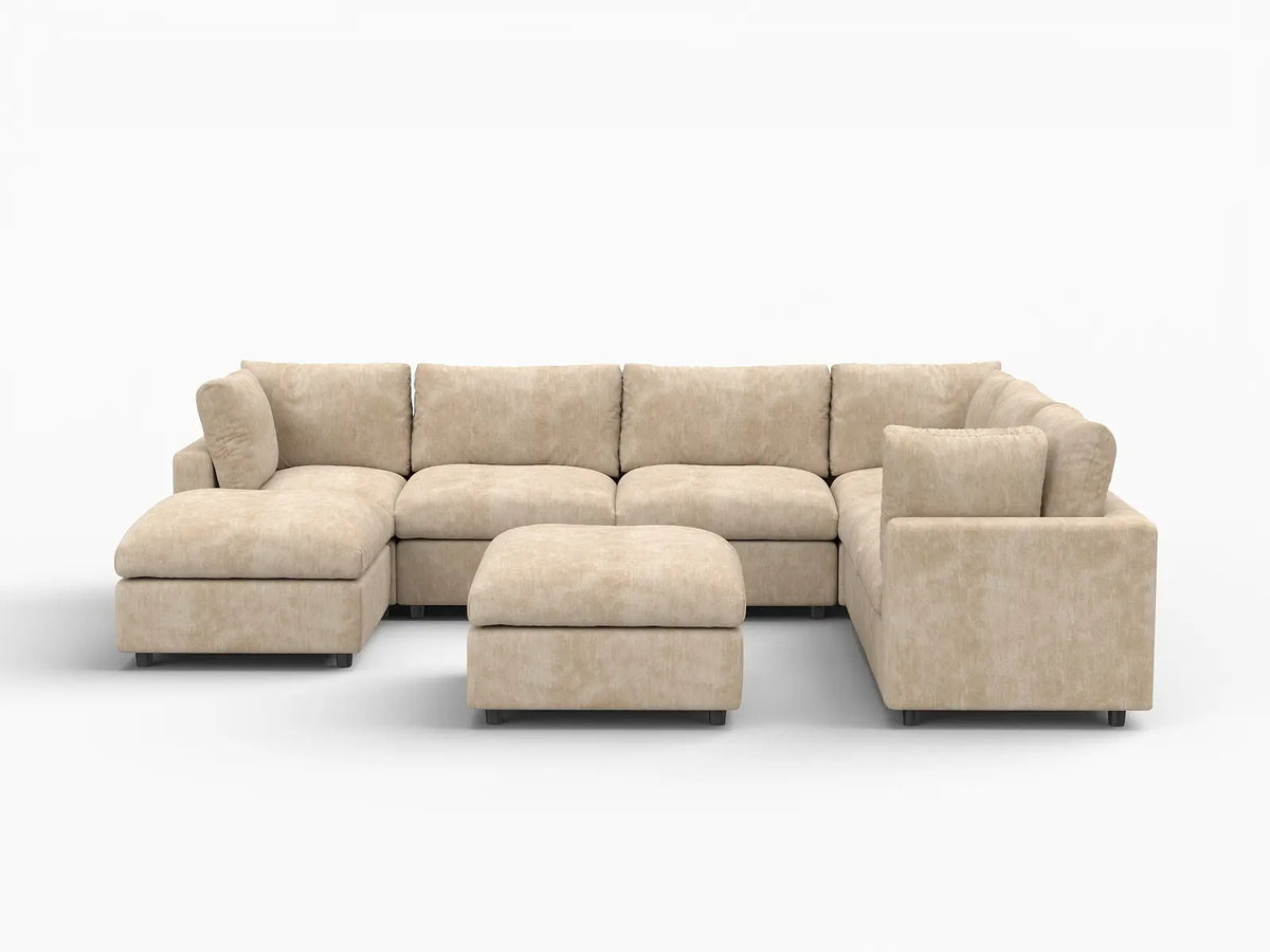 Deluxe Cloud 6-Seater Khaki Open Space Sofa Set | 8-Piece (Includes 2 Ottomans), Linen-Blend Chenille Fabric, Easy To Clean