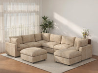 Deluxe Cloud 6-Seater Khaki Open Space Sofa Set | 8-Piece (Includes 2 Ottomans), Linen-Blend Chenille Fabric, Easy To Clean
