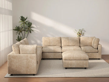 Deluxe Cloud 6-Seater Khaki Open Space Sofa Set | 8-Piece (Includes 2 Ottomans), Linen-Blend Chenille Fabric, Easy To Clean
