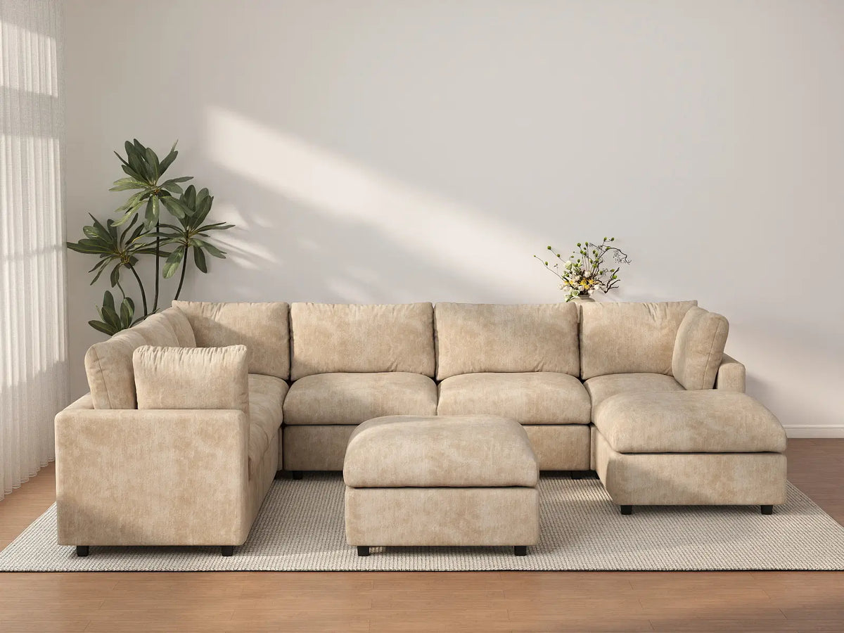 Deluxe Cloud 6-Seater Khaki Open Space Sofa Set | 8-Piece (Includes 2 Ottomans), Linen-Blend Chenille Fabric, Easy To Clean