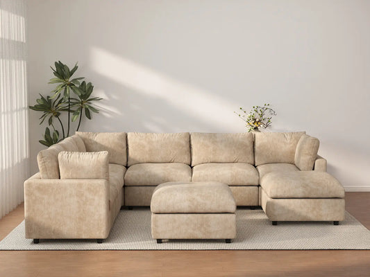Deluxe Cloud 6-Seater Khaki Open Space Sofa Set | 8-Piece (Includes 2 Ottomans), Linen-Blend Chenille Fabric, Easy To Clean