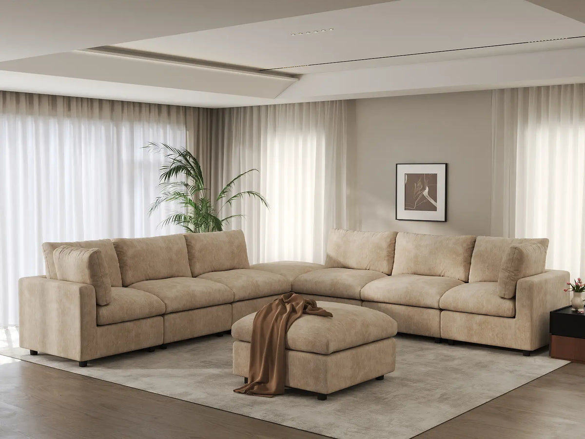Deluxe Cloud 6-Seater Khaki Open Space Sofa Set | 8-Piece (Includes 2 Ottomans), Linen-Blend Chenille Fabric, Easy To Clean