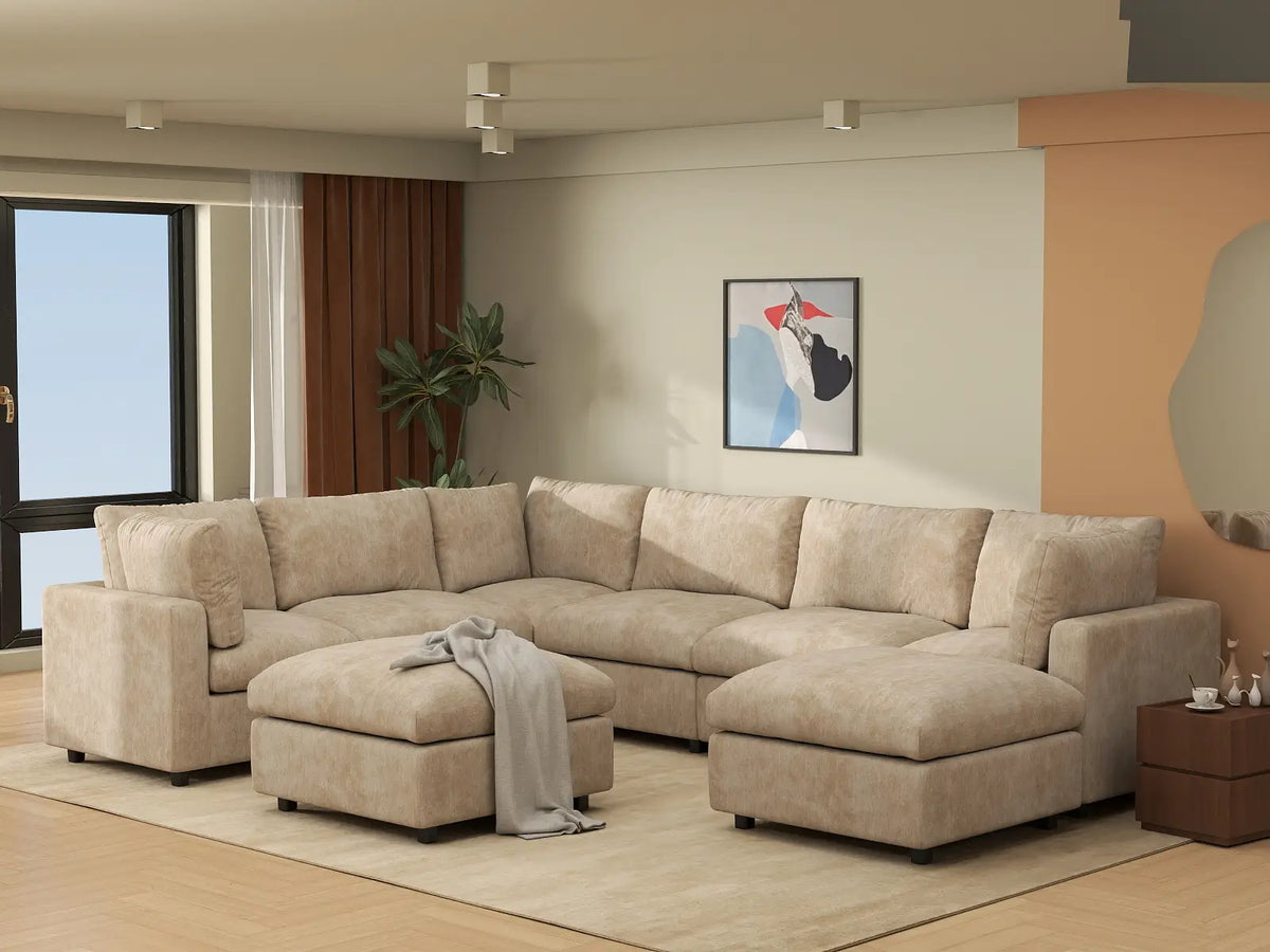 Deluxe Cloud 6-Seater Khaki Open Space Sofa Set | 8-Piece (Includes 2 Ottomans), Linen-Blend Chenille Fabric, Easy To Clean