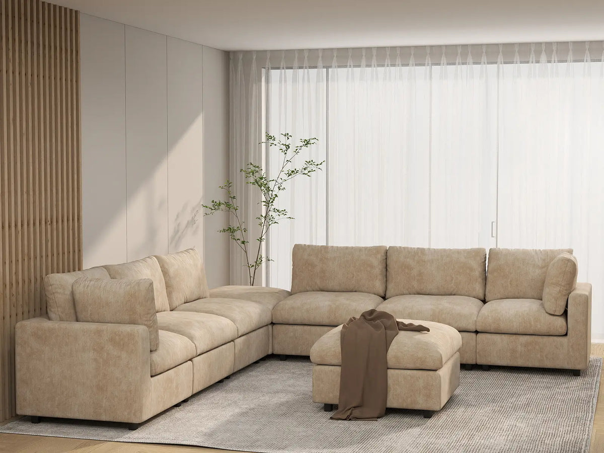 Deluxe Cloud 6-Seater Khaki Open Space Sofa Set | 8-Piece (Includes 2 Ottomans), Linen-Blend Chenille Fabric, Easy To Clean
