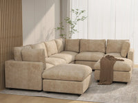 Deluxe Cloud 6-Seater Khaki Open Space Sofa Set | 8-Piece (Includes 2 Ottomans), Linen-Blend Chenille Fabric, Easy To Clean