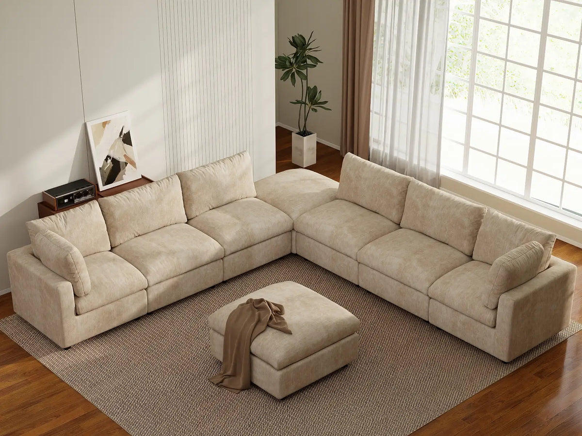 Deluxe Cloud 6-Seater Khaki Open Space Sofa Set | 8-Piece (Includes 2 Ottomans), Linen-Blend Chenille Fabric, Easy To Clean