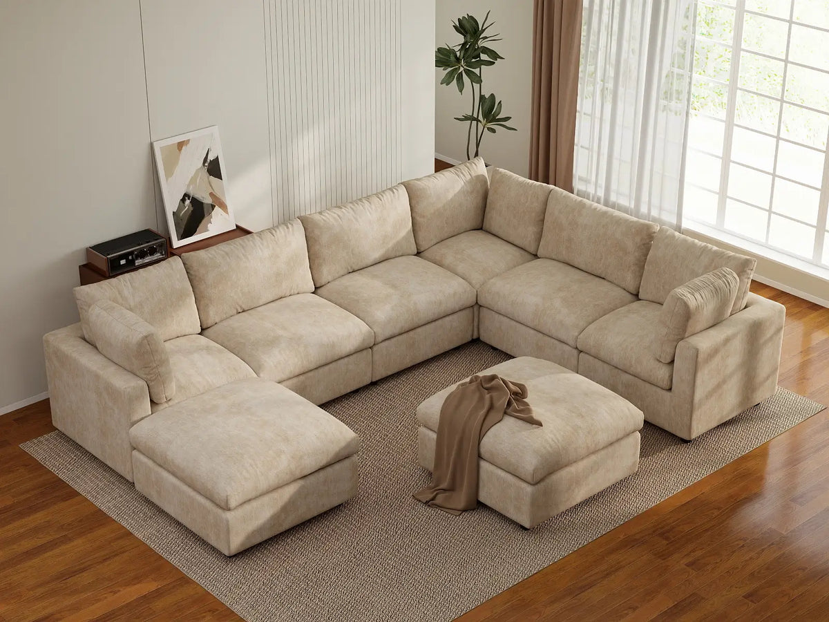 Deluxe Cloud 6-Seater Khaki Open Space Sofa Set | 8-Piece (Includes 2 Ottomans), Linen-Blend Chenille Fabric, Easy To Clean