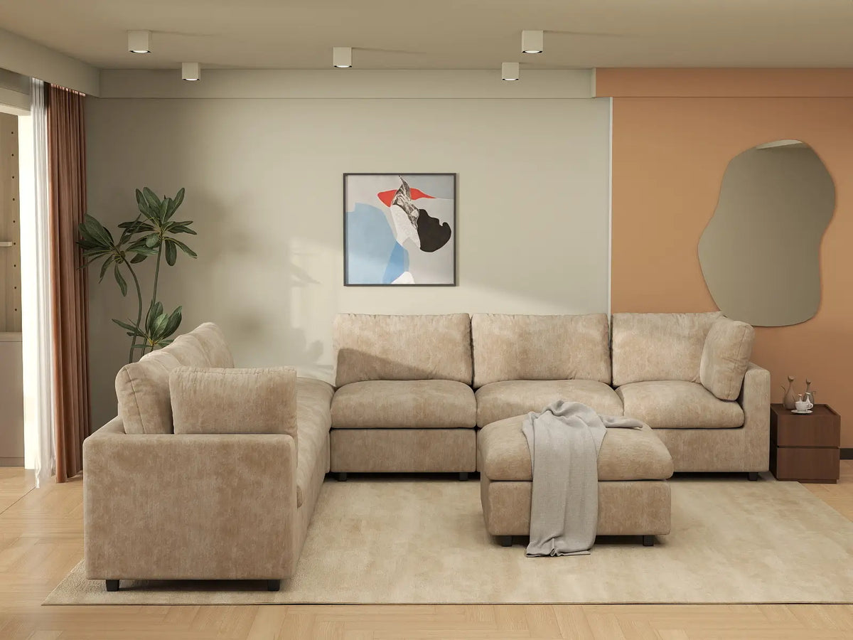 Deluxe Cloud 6-Seater Khaki Open Space Sofa Set | 8-Piece (Includes 2 Ottomans), Linen-Blend Chenille Fabric, Easy To Clean