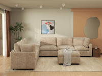 Deluxe Cloud 6-Seater Khaki Open Space Sofa Set | 8-Piece (Includes 2 Ottomans), Linen-Blend Chenille Fabric, Easy To Clean