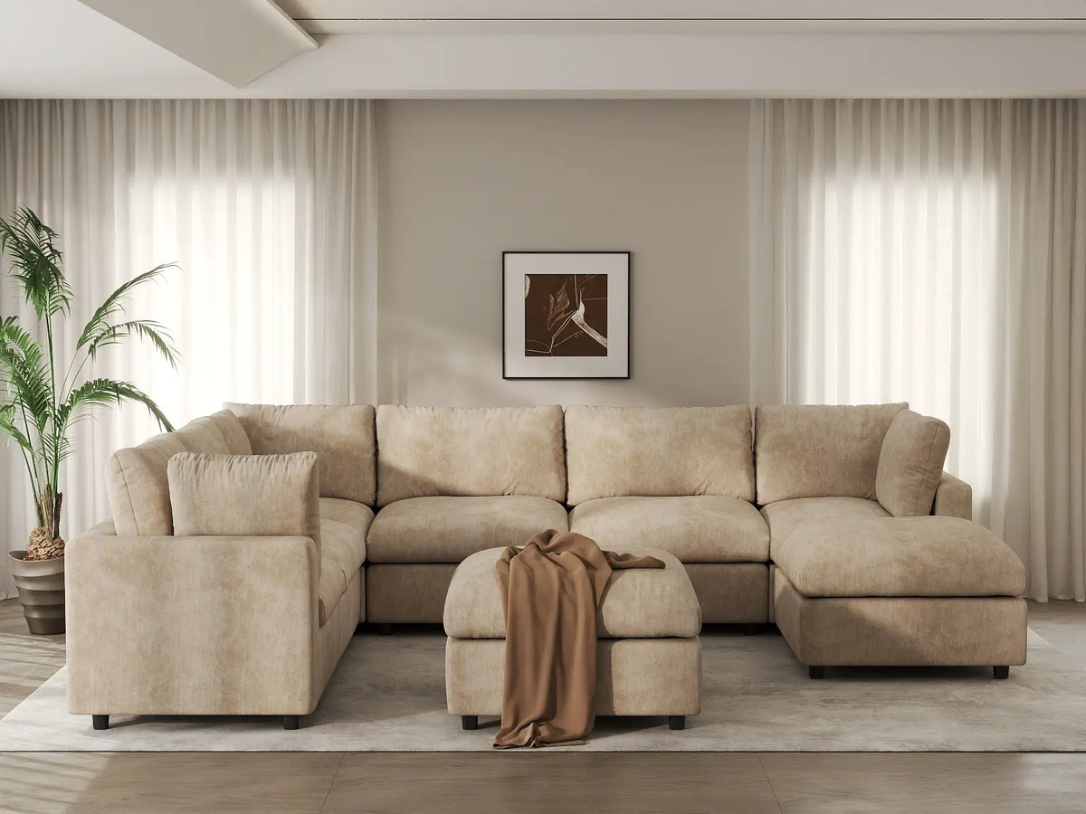 Deluxe Cloud 6-Seater Khaki Open Space Sofa Set | 8-Piece (Includes 2 Ottomans), Linen-Blend Chenille Fabric, Easy To Clean