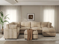 Deluxe Cloud 6-Seater Khaki Open Space Sofa Set | 8-Piece (Includes 2 Ottomans), Linen-Blend Chenille Fabric, Easy To Clean