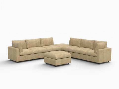 Lounge Cloud Sectional Sofa Covers | Khaki Linen-Blend Chenille Sofa Cover for 6-Seater with 2-Ottomans