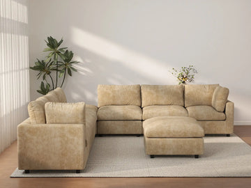 Deluxe Cloud 6-Seater Khaki Open Space Sofa Set | 8-Piece (Includes 2 Ottomans), Linen-Blend Chenille Fabric, Easy To Clean
