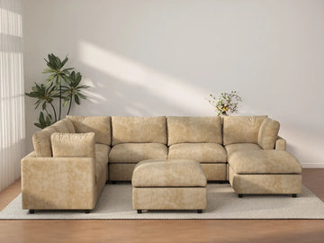 Deluxe Cloud 6-Seater Khaki Open Space Sofa Set | 8-Piece (Includes 2 Ottomans), Linen-Blend Chenille Fabric, Easy To Clean