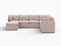 Deluxe Cloud 6-Seater Khaki Sofa Set | 7-Piece (Includes 1 Ottoman), Linen Look Poly Fabric, Washable Cushion Covers