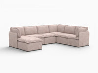 Deluxe Cloud 6-Seater Khaki Sofa Set | 7-Piece (Includes 1 Ottoman), Linen Look Poly Fabric, Washable Cushion Covers