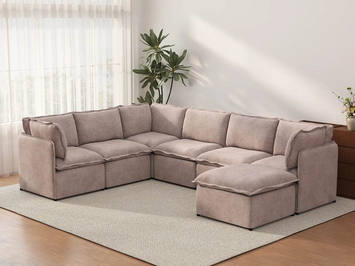 Deluxe Cloud 6-Seater Khaki Sofa Set | 7-Piece (Includes 1 Ottoman), Linen Look Poly Fabric, Washable Cushion Covers