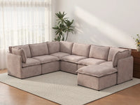 Deluxe Cloud 6-Seater Khaki Sofa Set | 7-Piece (Includes 1 Ottoman), Linen Look Poly Fabric, Washable Cushion Covers