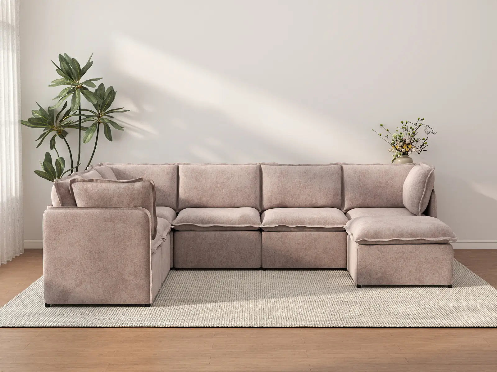 Deluxe Cloud 6-Seater Khaki Sofa Set | 7-Piece (Includes 1 Ottoman), Linen Look Poly Fabric, Washable Cushion Covers