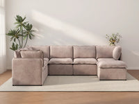 Deluxe Cloud 6-Seater Khaki Sofa Set | 7-Piece (Includes 1 Ottoman), Linen Look Poly Fabric, Washable Cushion Covers