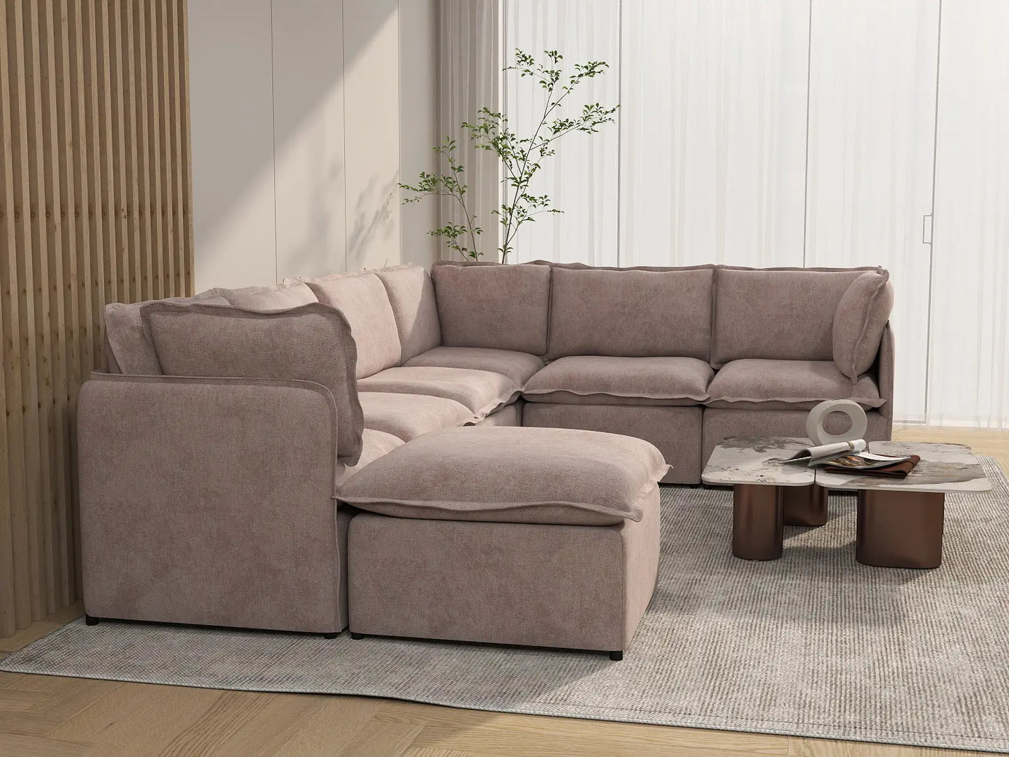 Deluxe Cloud 6-Seater Khaki Sofa Set | 7-Piece (Includes 1 Ottoman), Linen Look Poly Fabric, Washable Cushion Covers