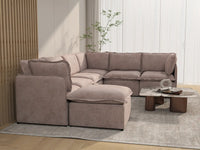 Deluxe Cloud 6-Seater Khaki Sofa Set | 7-Piece (Includes 1 Ottoman), Linen Look Poly Fabric, Washable Cushion Covers