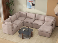 Deluxe Cloud 6-Seater Khaki Sofa Set | 7-Piece (Includes 1 Ottoman), Linen Look Poly Fabric, Washable Cushion Covers