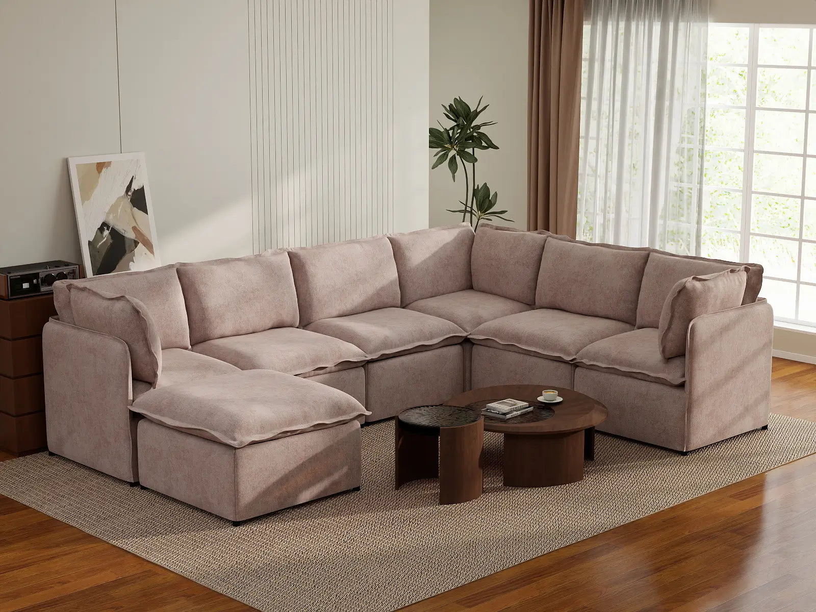 Deluxe Cloud 6-Seater Khaki Sofa Set | 7-Piece (Includes 1 Ottoman), Linen Look Poly Fabric, Washable Cushion Covers