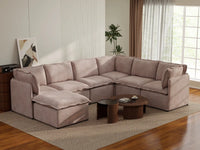 Deluxe Cloud 6-Seater Khaki Sofa Set | 7-Piece (Includes 1 Ottoman), Linen Look Poly Fabric, Washable Cushion Covers