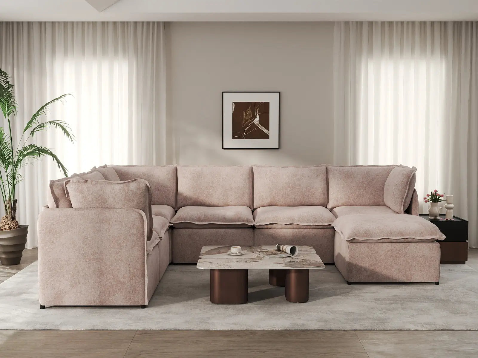 Deluxe Cloud 6-Seater Khaki Sofa Set | 7-Piece (Includes 1 Ottoman), Linen Look Poly Fabric, Washable Cushion Covers