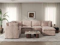 Deluxe Cloud 6-Seater Khaki Sofa Set | 7-Piece (Includes 1 Ottoman), Linen Look Poly Fabric, Washable Cushion Covers