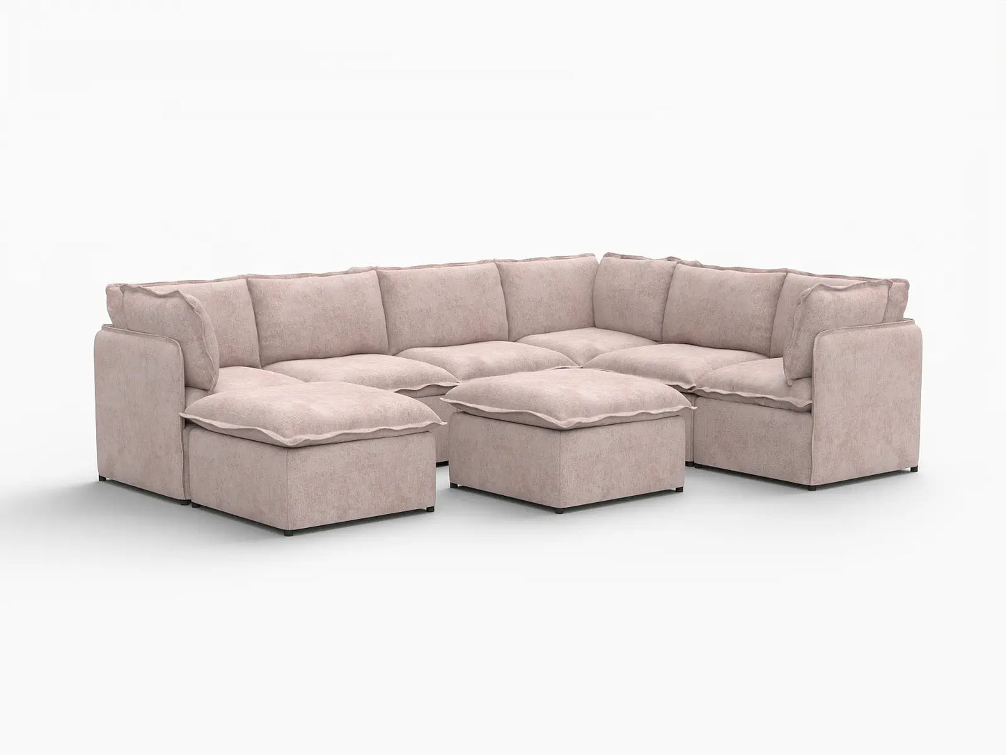 Deluxe Cloud 6-Seater Khaki Sofa Set | 8-Piece (Includes 2 Ottomans), Linen Look Poly Fabric, Washable Cushion Covers