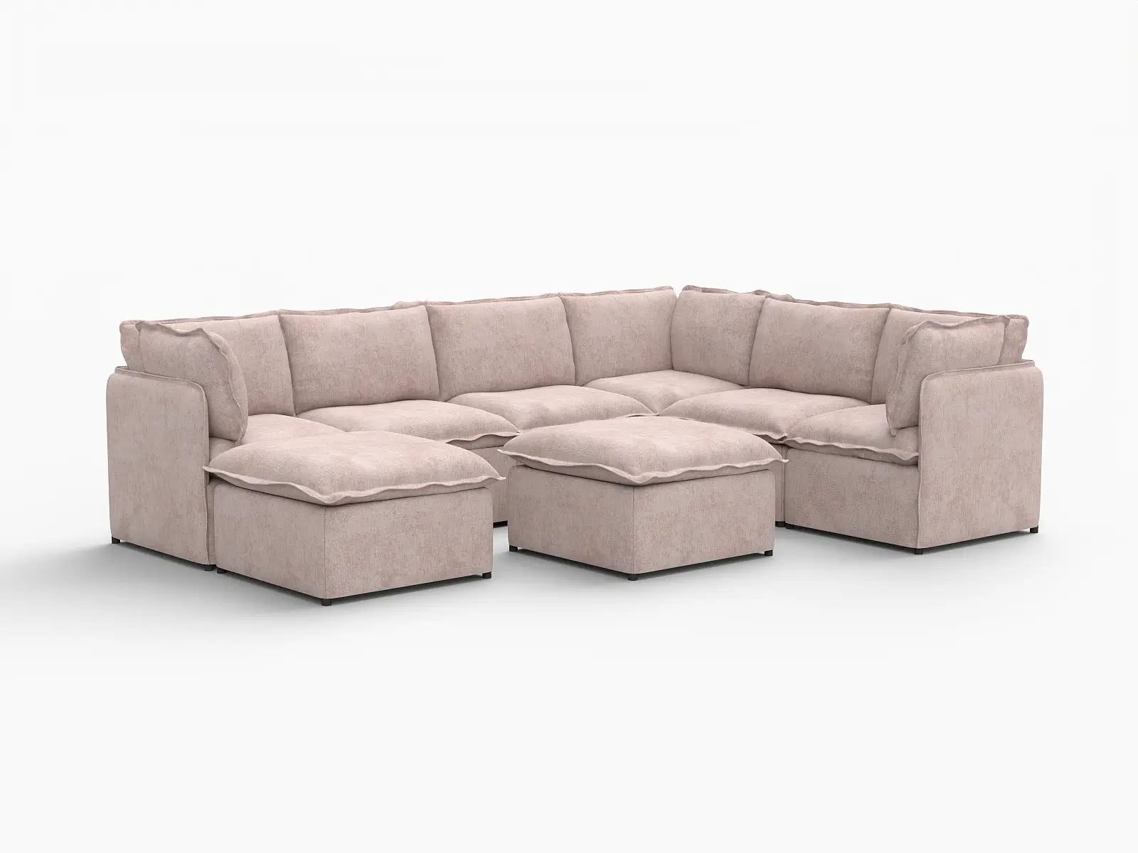 Deluxe Cloud 6-Seater Khaki Sofa Set | 8-Piece (Includes 2 Ottomans), Linen Look Poly Fabric, Washable Cushion Covers