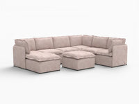 Deluxe Cloud 6-Seater Khaki Sofa Set | 8-Piece (Includes 2 Ottomans), Linen Look Poly Fabric, Washable Cushion Covers