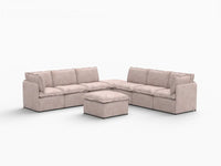 Deluxe Cloud 6-Seater Khaki Sofa Set | 8-Piece (Includes 2 Ottomans), Linen Look Poly Fabric, Washable Cushion Covers
