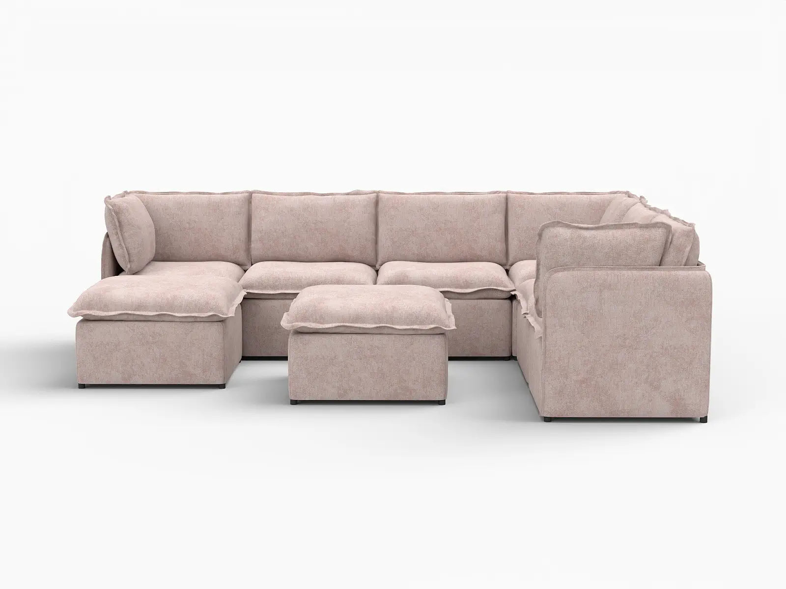 Deluxe Cloud 6-Seater Khaki Sofa Set | 8-Piece (Includes 2 Ottomans), Linen Look Poly Fabric, Washable Cushion Covers