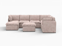 Deluxe Cloud 6-Seater Khaki Sofa Set | 8-Piece (Includes 2 Ottomans), Linen Look Poly Fabric, Washable Cushion Covers