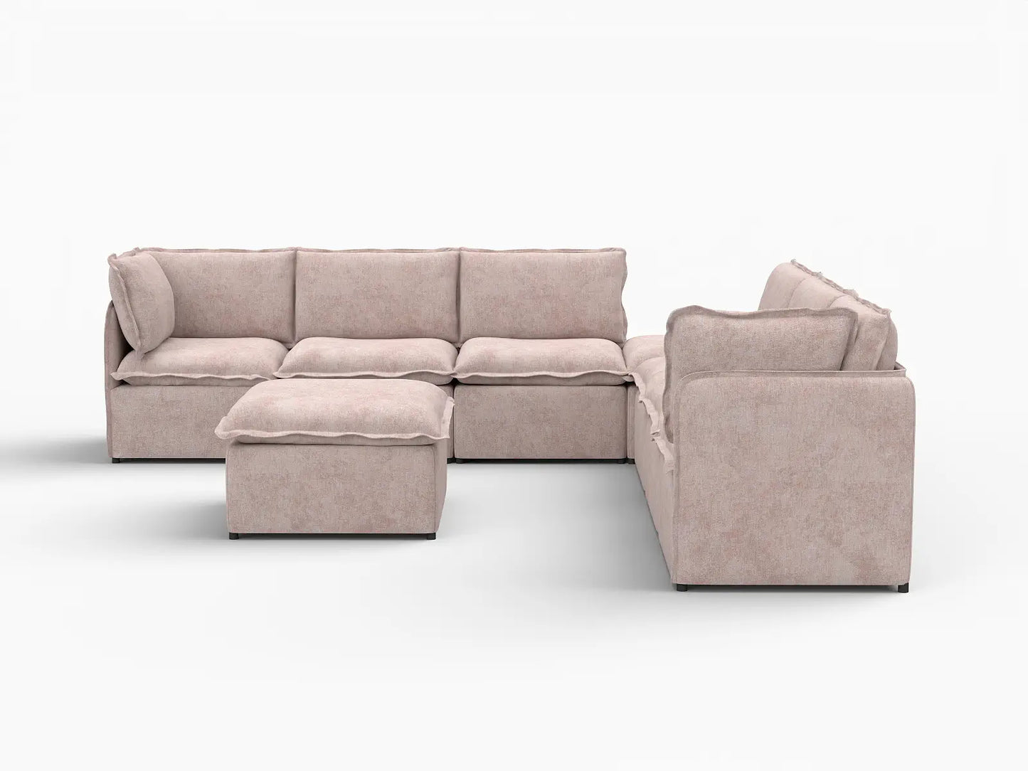 Deluxe Cloud 6-Seater Khaki Sofa Set | 8-Piece (Includes 2 Ottomans), Linen Look Poly Fabric, Washable Cushion Covers