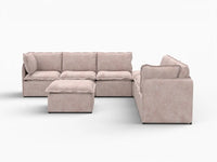 Deluxe Cloud 6-Seater Khaki Sofa Set | 8-Piece (Includes 2 Ottomans), Linen Look Poly Fabric, Washable Cushion Covers