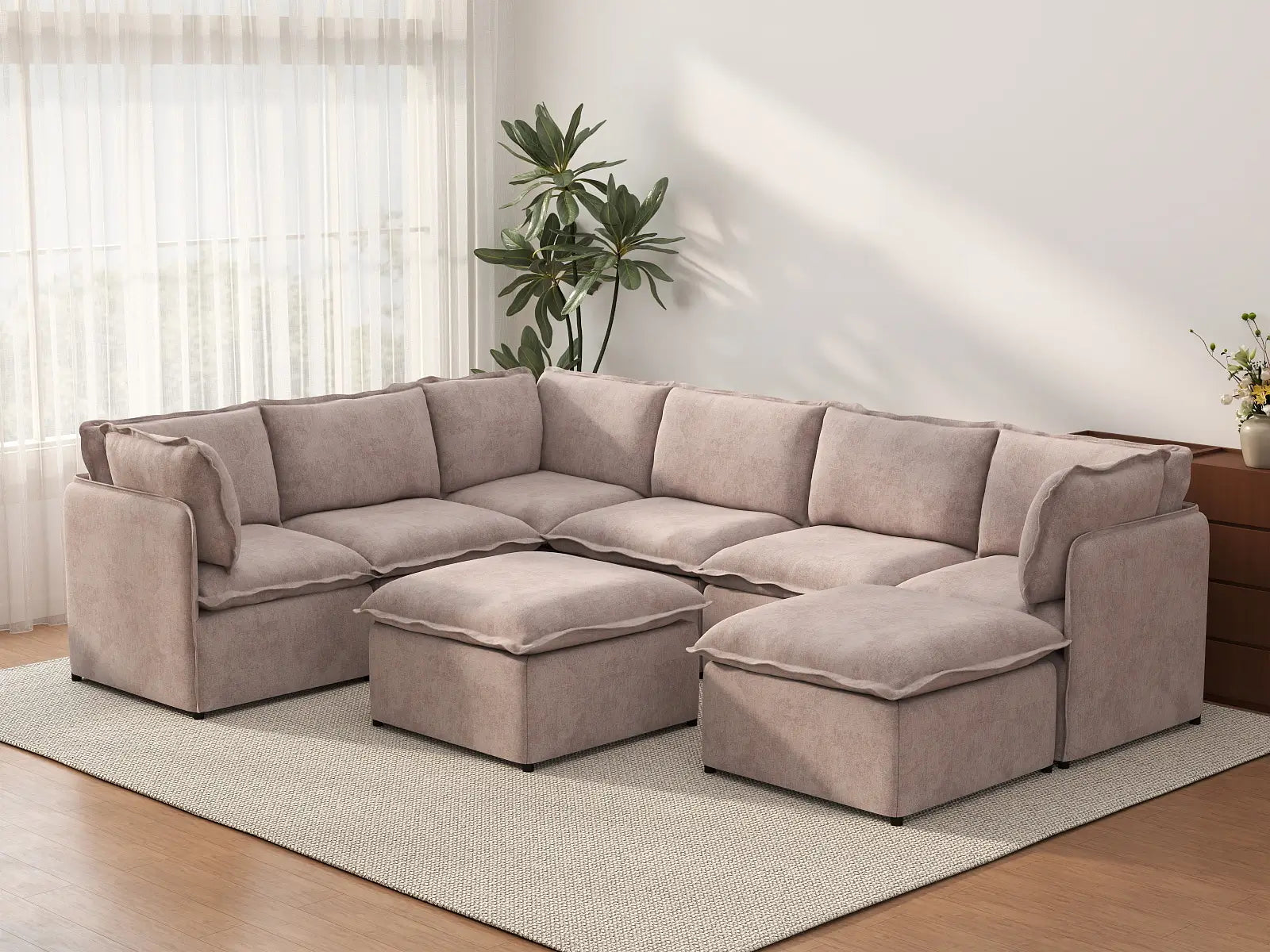 Deluxe Cloud 6-Seater Khaki Sofa Set | 8-Piece (Includes 2 Ottomans), Linen Look Poly Fabric, Washable Cushion Covers