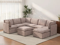 Deluxe Cloud 6-Seater Khaki Sofa Set | 8-Piece (Includes 2 Ottomans), Linen Look Poly Fabric, Washable Cushion Covers